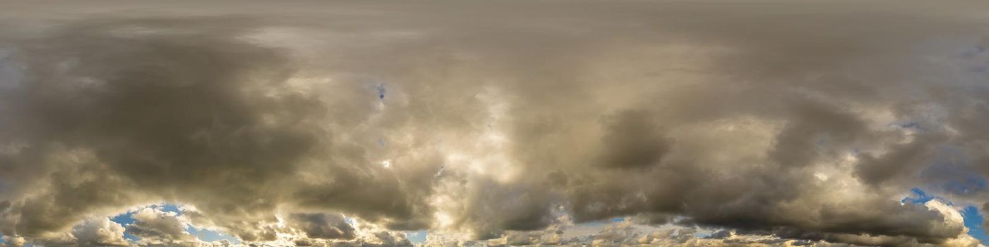 Sky panorama on overcast rainy day with low clouds in seamless spherical equirectangular format. Complete zenith for use in 3D graphics, game and for aerial drone 360 degree panorama as a sky dome.