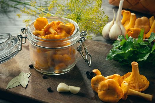 Preserving chanterelle mushrooms in a jar with spices and herbs. Pickling wild edible mushrooms.