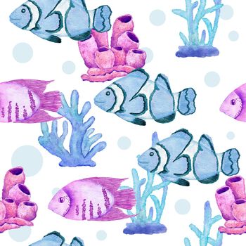 Watercolor hand drawn seamless pattern with underwater marine nautical animals shells fish. Purple blue seahorse seaweed jellyfish, ocean sea summer vacation beach background, turquoise fabric print