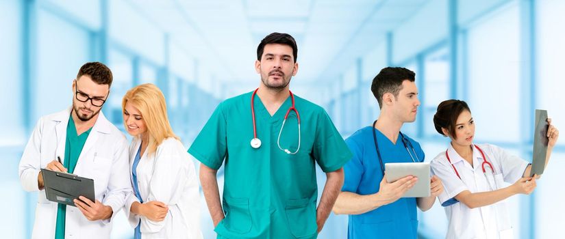 Healthcare people group. Professional doctor working in hospital office or clinic with other doctors, nurse and surgeon. Medical technology research institute and doctor staff service concept.