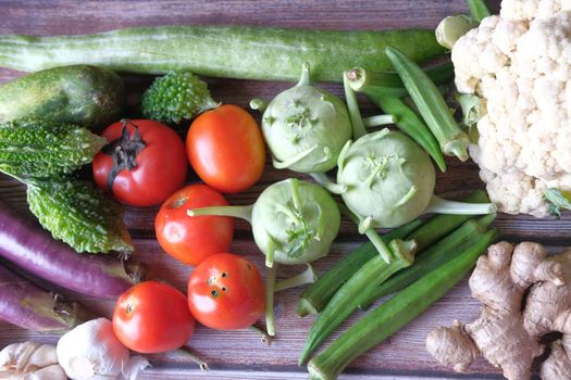 Healthy food selection with fresh vegetables on table with copy space .
