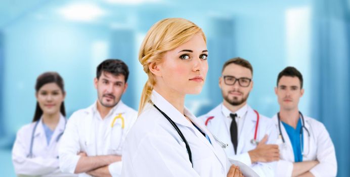 Healthcare people group. Professional doctor working in hospital office or clinic with other doctors, nurse and surgeon. Medical technology research institute and doctor staff service concept.