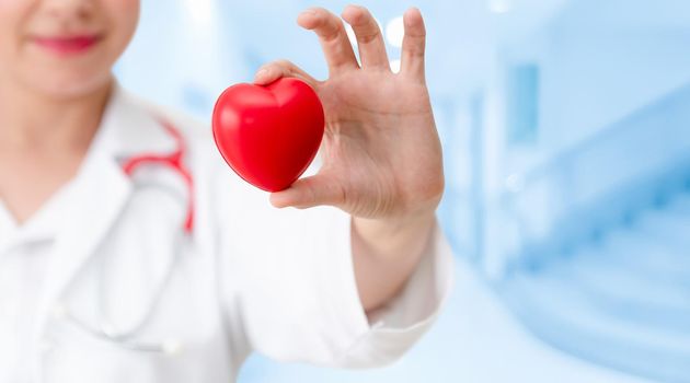 Doctor holding a red heart at hospital office. Medical health care and doctor staff service concept.