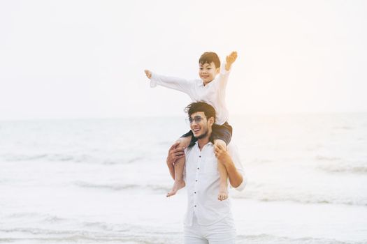 Happy father carrying his son on the neck on a tropical sand beach in summer.