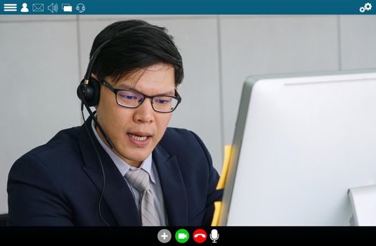 Business people meeting in video conference app on laptop monitor view . Online seminar application presented in cropped view of computer screen . Communication technology for corporate working .