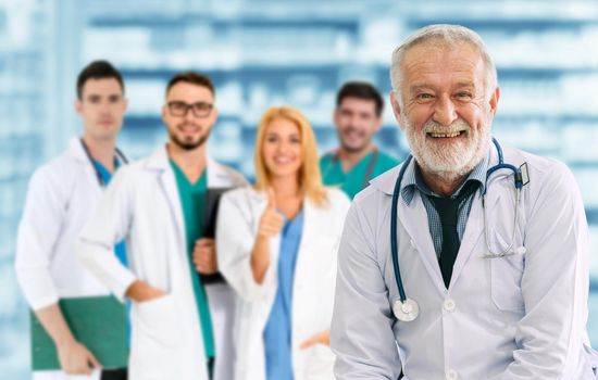 Healthcare people group. Professional doctor working in hospital office or clinic with other doctors, nurse and surgeon. Medical technology research institute and doctor staff service concept.