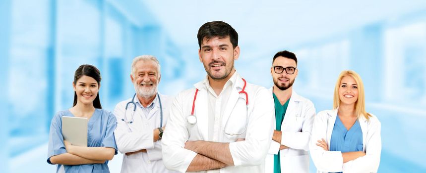 Healthcare people group. Professional doctor working in hospital office or clinic with other doctors, nurse and surgeon. Medical technology research institute and doctor staff service concept.