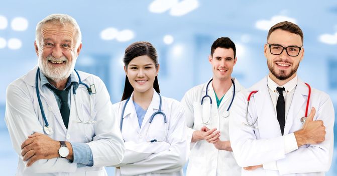 Healthcare people group. Professional doctor working in hospital office or clinic with other doctors, nurse and surgeon. Medical technology research institute and doctor staff service concept.