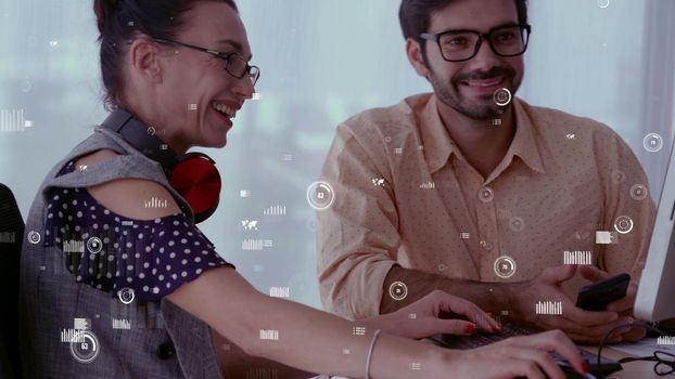 Conceptual vision of business people in corporate staff meeting . Concept of digital technology for marketing data analysis and investment decision making .