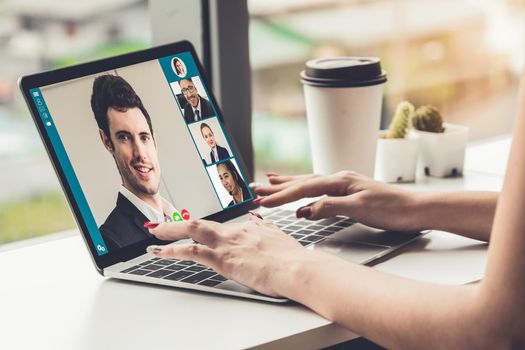 Video call business people meeting on virtual workplace or remote office. Telework conference call using smart video technology to communicate colleague in professional corporate business.