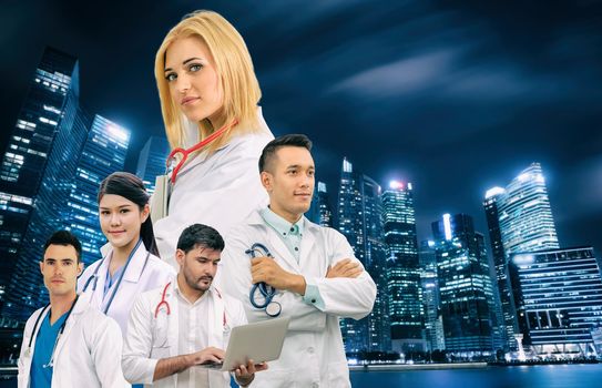 Healthcare people group portrait in creative layout. Professional medical staff, doctors, nurse and surgeon. Medical technology research institute and doctor staff service concept.