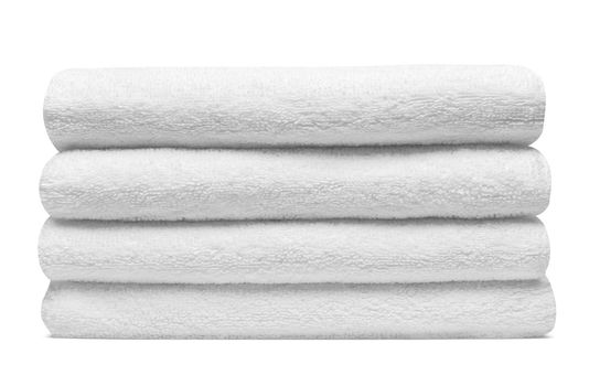 close up of a stack of white towels bathroom on white background