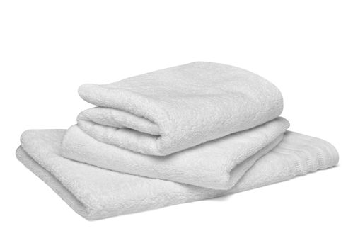 close up of a stack of white towels bathroom on white background