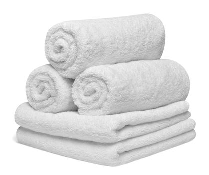 close up of a stack of white towels bathroom on white background