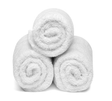 close up of a stack of white towels bathroom on white background