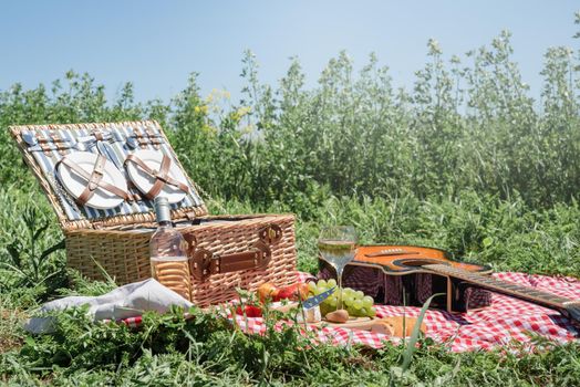 Closeup of picnic basket with drinks and food on the grass. Nice picnic on sunny summer day, fun and leisure