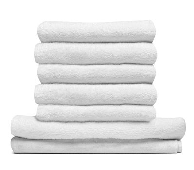 close up of a stack of white towels bathroom on white background