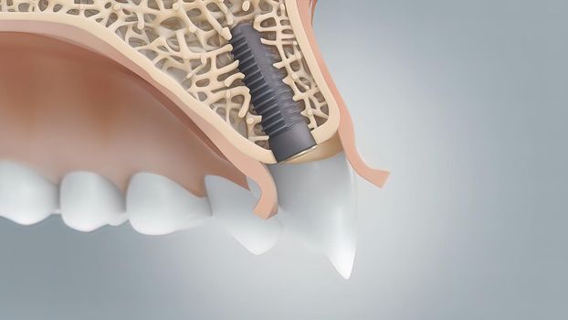 Dental implant surgery. A dental implant is a metal post that replaces the root portion of a missing tooth. 3D illustration