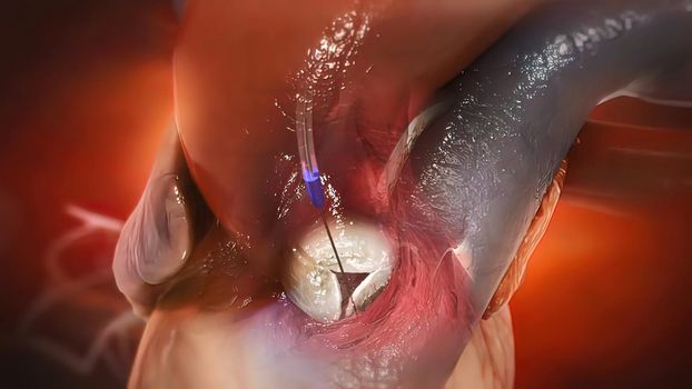 Transcatheter aortic valve replacement is a minimally invasive procedure to replace a narrowed aortic valve that fails to open properly 3D illustration