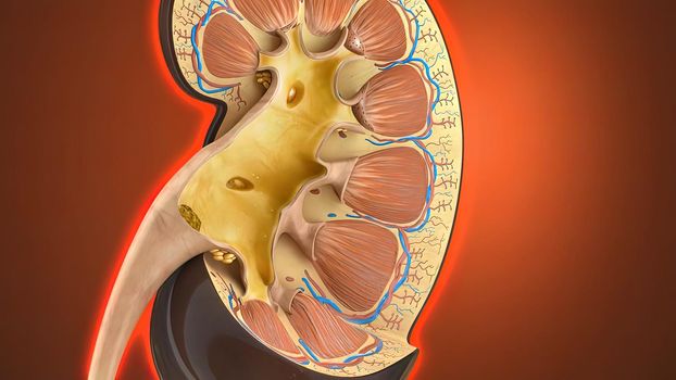 Lithotripsy treats kidney stones by sending focused ultrasonic energy or shock waves directly to the stone first located with fluoroscopy 3D illustration