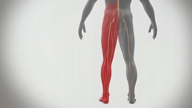 3D Medical 3D illustration of transparent man on white background. Left lower lower back nerve problem