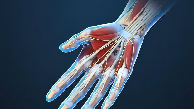 Human hand nerves and tendon 3d illustration
