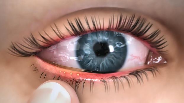 Irritated infected red bloodshot eye, barley infection in the eye 3D illustration