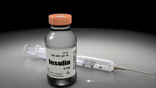 Human insulin is in a class of medications called hormones 3D illustration