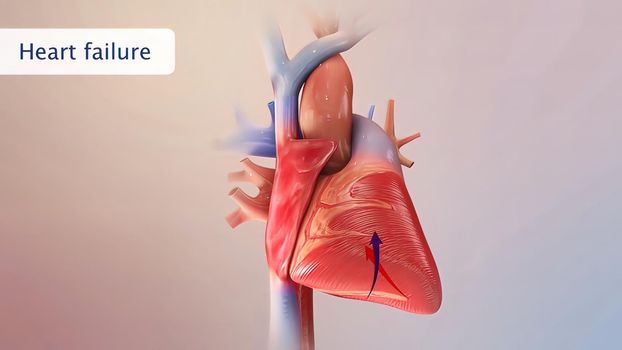 Heart failure means that the heart is unable to pump blood around the body properly. 3D illustration