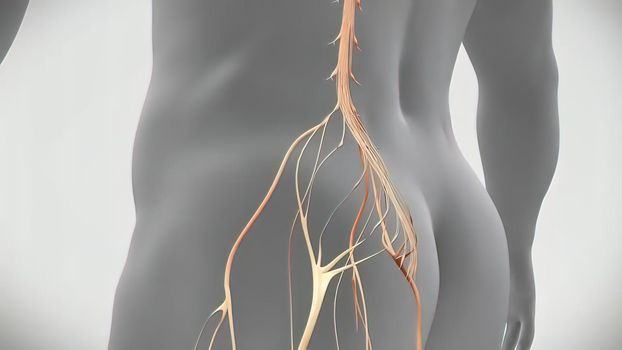 3D Medical 3D illustration of transparent man on white background. Left lower lower back nerve problem