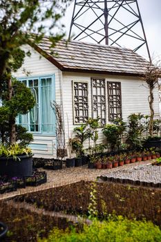 Exterior of traditional wooden houses in rainy day in Tbilisi, capital city of Georgia