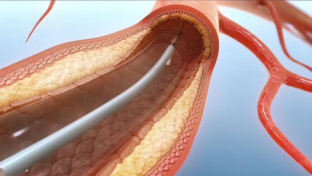 Angioplasty and Vascular Stenting, inserting a stent into vascular access 3D illustration