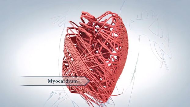 The muscle layer of the heart is termed the myocardium and is made up of cardiomyocytes. 3D illustration