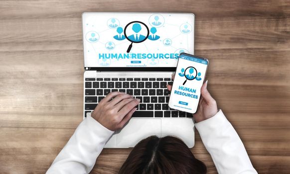 Human Resources Recruitment and People Networking Concept. Modern graphic interface showing professional employee hiring and headhunter seeking interview candidate for future manpower.