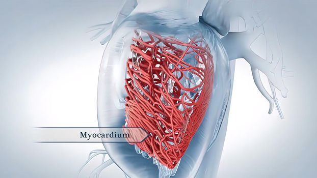The muscle layer of the heart is termed the myocardium and is made up of cardiomyocytes. 3D illustration