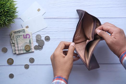 Man hand open an empty wallet with copy space
