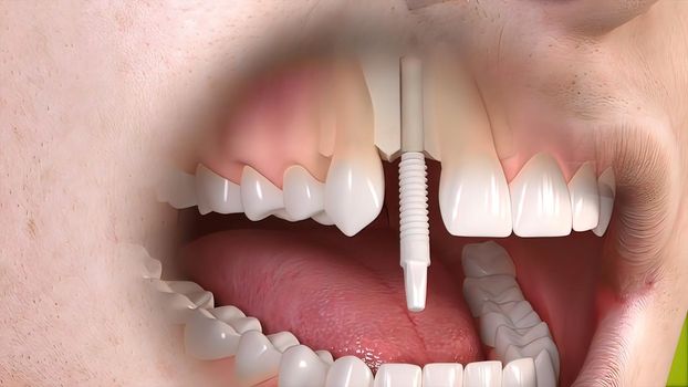 Dental implant surgery. A dental implant is a metal post that replaces the root portion of a missing tooth. 3D illustration