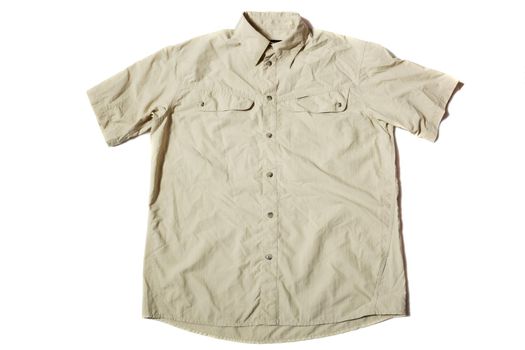 Beige men's short sleeve nylon hiking shirt on white background