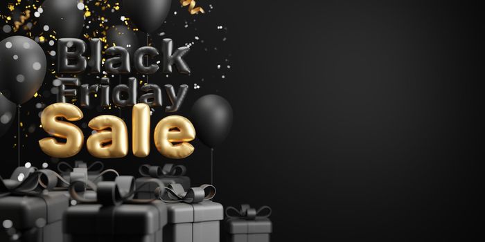 Black friday sale design of gift box and balloon on black background with copy space 3d render
