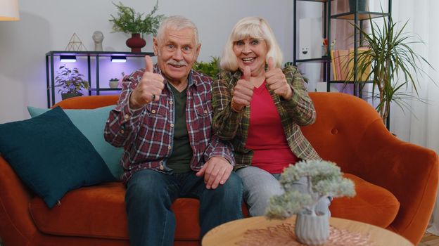 Pretty happy senior elderly family couple grandparents man woman shouting, raising fists in gesture I did it, celebrating success, winning and goal achievemen. Grandmother grandfather indoors at home
