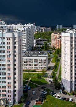 Moscow, Russia - May 29. 2022. Beautiful cityscape of a residential area from top