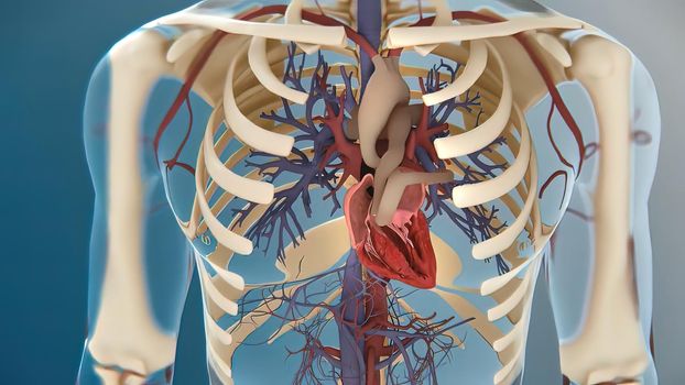 Human heart, realistic anatomy 3d model of human heart on the monitor, visual heart beating. Human anatomy, cardiovascular system.3D illustration