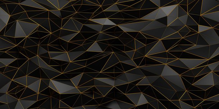 Black geometric with gold metal wireframe wall low poly background 3d render