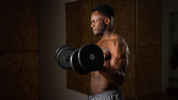 Muscular dark-skinned man doing an exercise with dumbbells