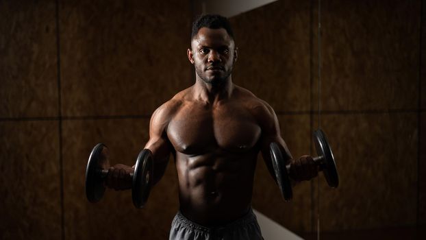Muscular dark-skinned man doing an exercise with dumbbells