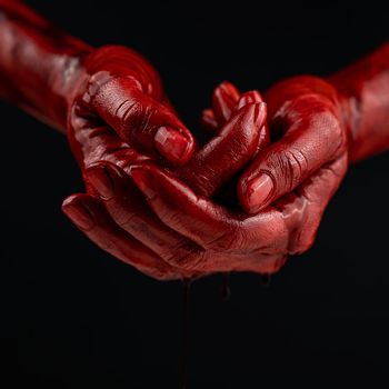 Woman holding blood-stained palms together on black background