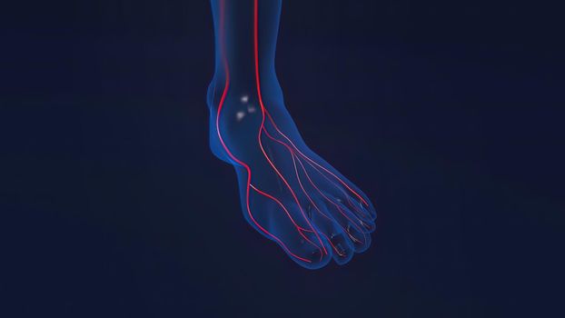 Foot bones with ligaments and blood vessels 3D illustration