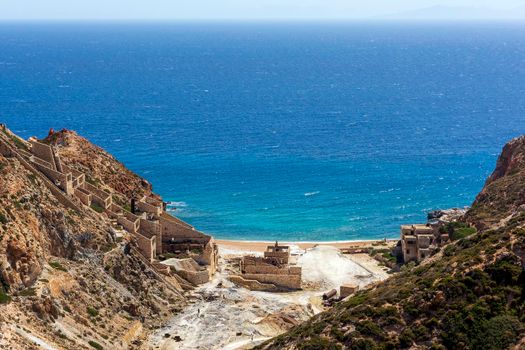 Beach near abandoned sulphur mines at Milos island, Cyclades, Greece