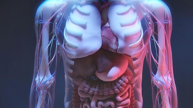 Human anatomy and internal organs on black back ground, 3D illustration
