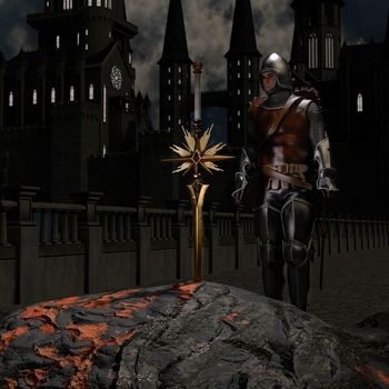 Knight looking at a sword in the stone, against the backdrop of a castle - 3d rendering